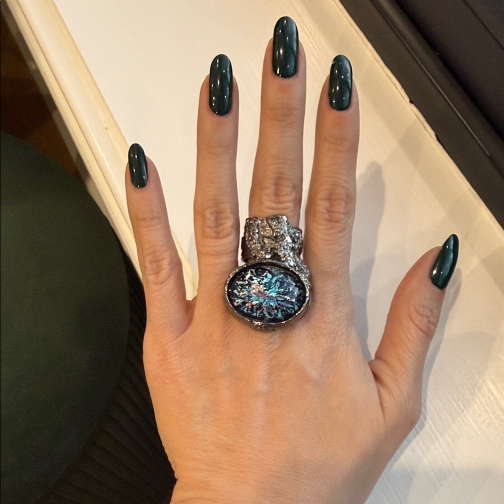 Yves Saint Laurent Arty Resin Silver Ring with Teal Gem